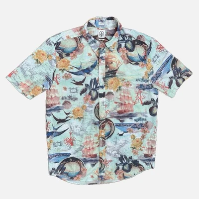 Volcom Camp Shirt Mens Medium Tropical All Over Print Button Up Beachy Mermaid - Image 1 of 4