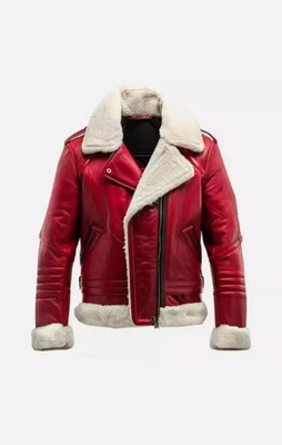 Men's RAF B4 Aviator Bomber Leather Jacket Faux Shearling Fur Santa Sheepskin - Image 1 of 3