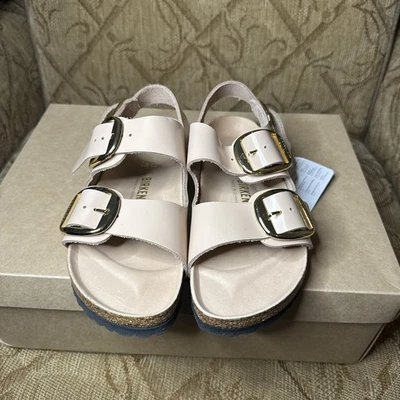 Birkenstock Milano Big Buckle High Shine Beige Leather Sandals Size 37 L6 Narrow - Image 1 of 4