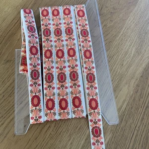 Vintage Ribbon Orange Red Floral Woven Beige Per Metre 5/8” 22mm Width - Picture 1 of 6