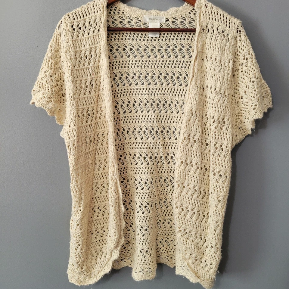 Dressbarn Cardigan Top Size 1X Crochet Knit Short Sleeve Open Front Boho Country - Image 1 of 4