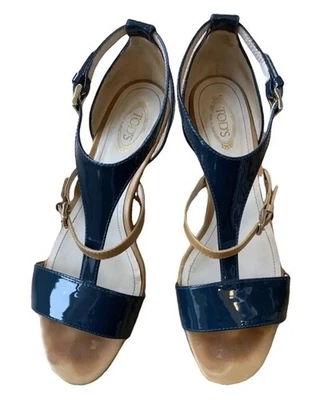 TOD'S Patent Leather High Wedge Sandals in Black /Beige  Size 40.5 - Image 1 of 4