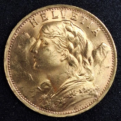 Moneda exacta de oro Helvetia 1935 lb Suiza 20 francos KM#35,1 sin circular .1867 OZ (B) Foto 1 de 2