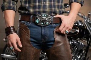 Men Western Buckle Dark Silver Metal Revolver Pistol Gun Feather Bull Turquoise  - Picture 1 of 24