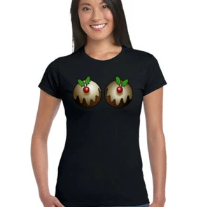 Lustiges Damen-T-Shirt Weihnachten Pudding Brust Humor Xmas Weihnachtsgeschenk - Bild 1 von 22