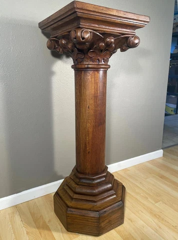 47" Massive Antique French Gothic Revival Oak Wood Display Pedestal/Plant Stand Cover
