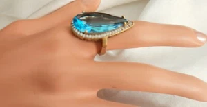 ESTATE STERLING RING LONGATED BLUE FACETED STONE S-7.5 - Picture 1 of 6