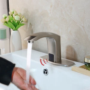 Bathroom Brushed Nickel Basin Sink Sensor Touchless Mixer Faucet Single Hole Tap - Picture 1 of 10
