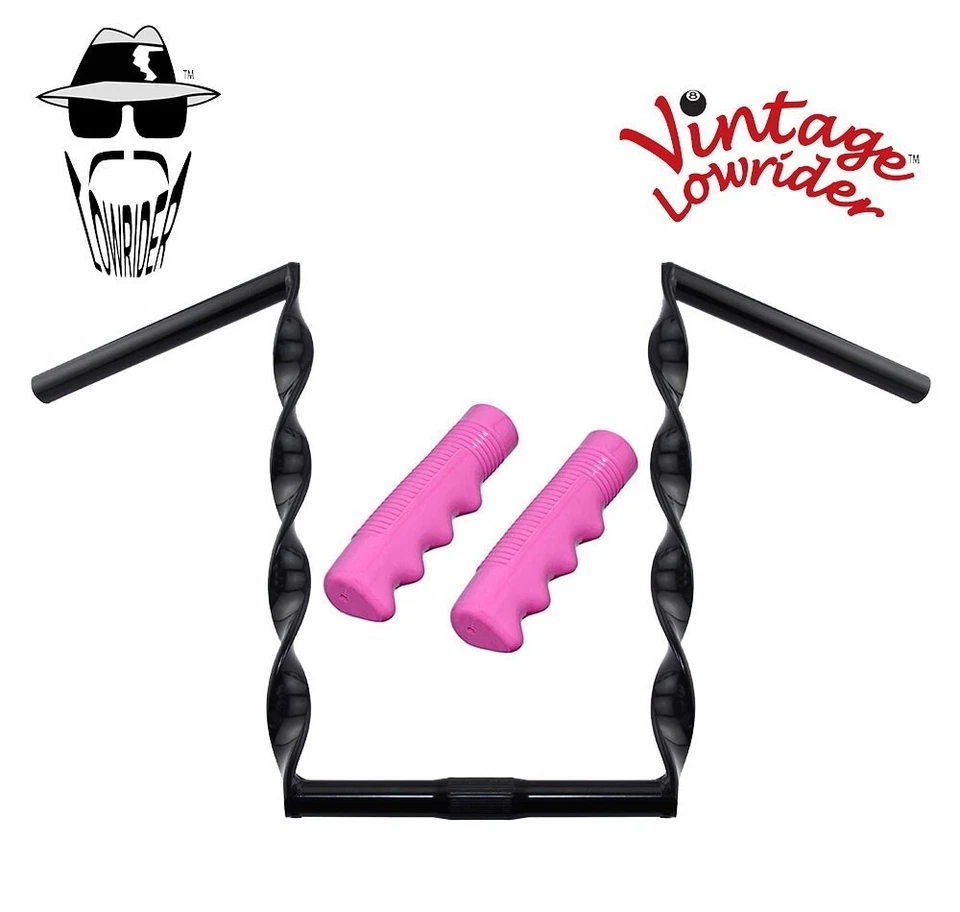 Manillar Lowrider vintage negro trenzado plano de 15" 25,4 mm con empuñaduras rosadas de 120 mm. Foto 1 de 1
