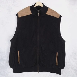 Orvis Sweater Vest Mens XXL Black Brown Heavy Cotton Suede Shoulder Full Zip - Picture 1 of 22