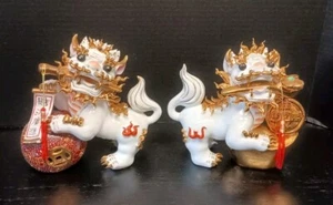 Vintage Pair Ornate Porcelain Chinese Foo Dogs Shishi Lions Dragons 9" Each - Picture 1 of 23