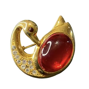Broche Cisne Prendedor Tono Dorado Estrás Gelatina Vientre Inspirado Piedra de Vidrio Rojo L88 - Imagen 1 de 7