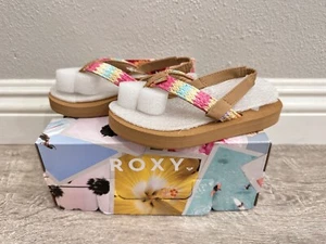 Size 9 M - Roxy Porto Raffia Little Girls Sandals - Brown / Multi - Picture 1 of 3