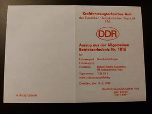 🢂DDR VEB FORTSCHRITT KTA KFZ BRIEF BETRIEBSERLAUBNIS EINACHSANHÄNGER ANHÄNGER - Bild 1 von 2