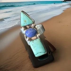 Navajo signierter langer Sterlingsilberring Marian Nez Türkis & Lapislazuli Vintage - Bild 1 von 14