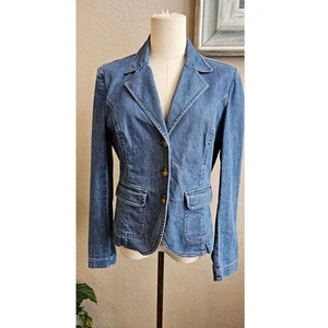 VTG Talbots Women's Stretch Tailored Button Front Denim Blazer Jackets Sz 6 Blue - Picture 1 of 5