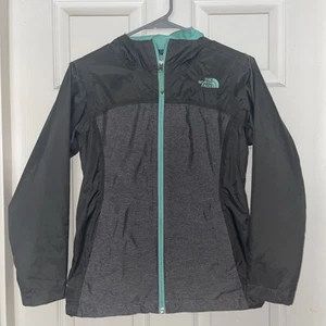 The North Face Girls Rain Jacket M (10/12) Gray Mint Hooded Lightweight - Picture 1 of 4
