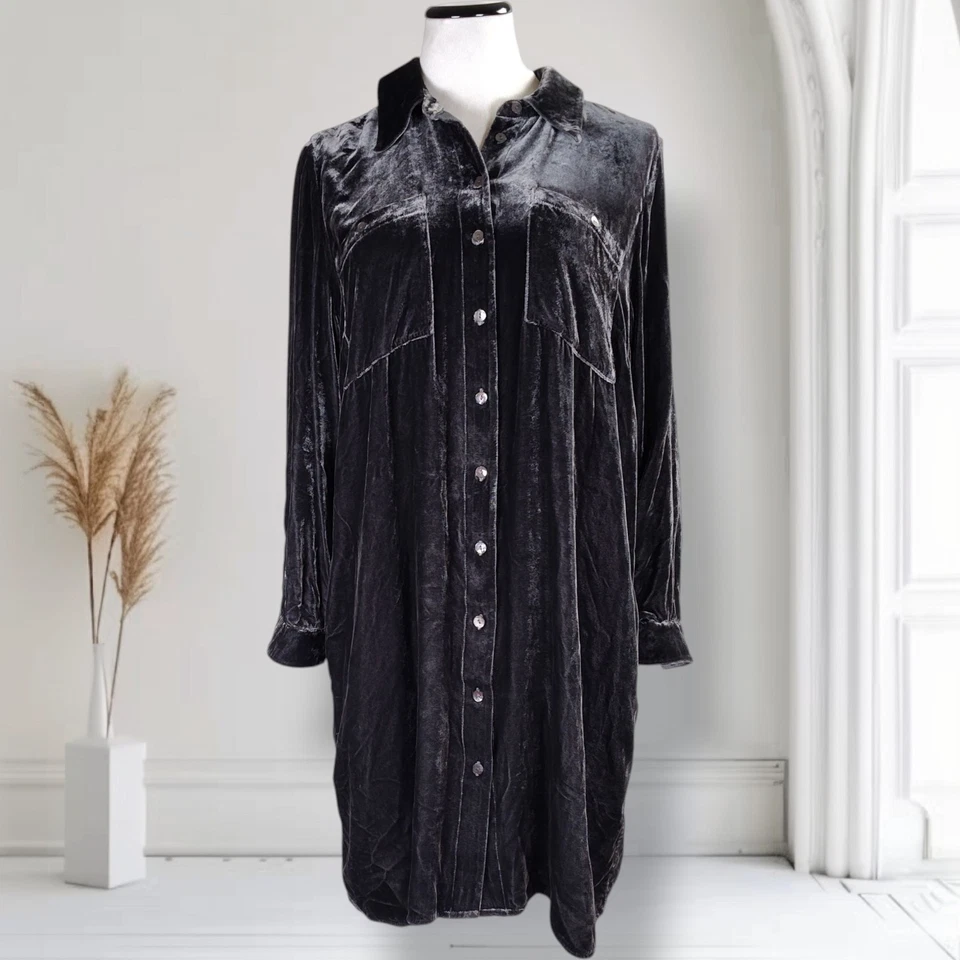Vestido Camisa Sundance Rocio Terciopelo XL Gris Cuello Manga Larga Botón Delantero Foto 1 de 4