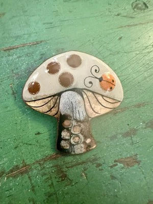 Vintage Signed Nanci Mushroom Ladybug Mid Century MCM  Enamel Copper Pin Brooch - Image 1 of 4