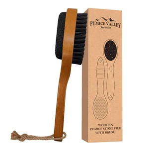 Pumice Stone for Feet & Foot Brush with Handle 2 in 1 Natural Wood Pedicure - Picture 1 of 7