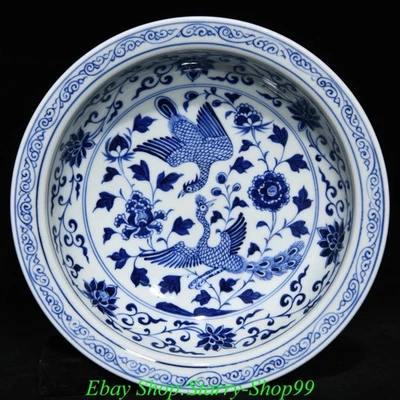 Bandeja de Plato 8.4" Antigua Dinastía China Yuan Azul Blanco Porcelana Patrón Fénix Foto 1 de 4