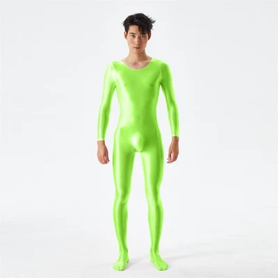 Mens Oil Shiny Satin Glossy Bodystocking Long Sleeve Full Body Jumpsuit Bodysuit - Image 1 of 4