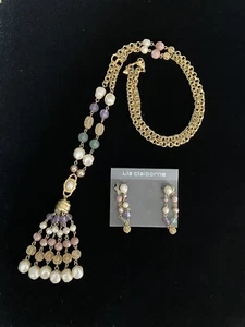 Vintage~LIZ CLAIBORNE~ Gold Tone~ Faux Gemstone Earrings & Tassel Necklace Set - Picture 1 of 7