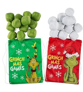 Grinch Indoor Snowball Fight, 24 Plush Balls 2 Drawstring Bags For Players NIB - Picture 1 of 1