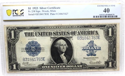 1923  1$  SILVER CERTIFICATE Fr#238 PCGS 40  XTRA FINE BRIGHT COMMENT FREE - Image 1 of 4