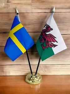 WALES and SWEDEN TABLE FLAG SET 2 flags plus BASE 26cm tall - Picture 1 of 1