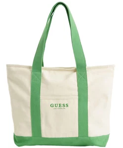 NEW GUESS Green Logo Large Canvas Tote Bag Shopper Handbag Purse Gym Bag - Picture 1 of 1