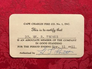 Cape Charles VA Fire Co No 1 Associate Member Card 1961 Trower Eastern Shore VA - Imagen 1 de 3