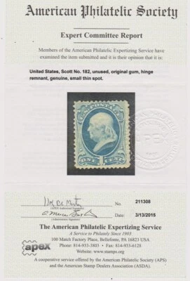 US Stamp - Scott #182 - 1c Franklin - Dark ultramarine - Mint HR, O.G - APS Cert - Image 1 of 3