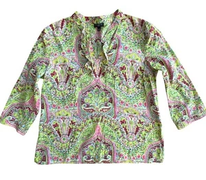 Blusa Talbots Petites XSP estampado cachemir manga 3/4 100 % algodón verde rosa - Imagen 1 de 5