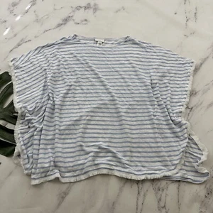J Jill Boat Neck Top Cover Up Size XS/S Blue White Striped Linen Fringe Trim - Picture 1 of 11