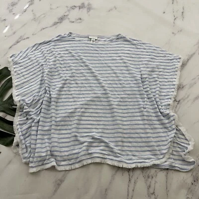 J Jill Boat Neck Top Cover Up Size XS/S Blue White Striped Linen Fringe Trim - Image 1 of 4
