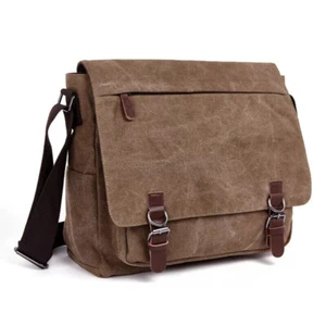 Men School Military Shoulder Bag Messenger bag Vintage Canvas Leather Satchel - Picture 1 of 10