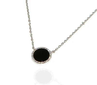 collana argento 925 cerchio disco pietra onice nero e zirconi bianchi collier - Immagine 1 di 3