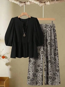Joress Plus Size Women's 2PC Set Bow Tie Front Top & Printed Wide Leg Pants Suit - Picture 1 of 19