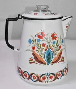 Vintage 9.5" Berggren Swedish Folk Art Enamelware Percolator Stove Coffee Pot - Picture 1 of 10