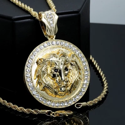 Colgante redondo de león ojo BK circonita cúbica helada cadena de cuerda de 4 mm chapado en oro de 14 k CQ Foto 1 de 4