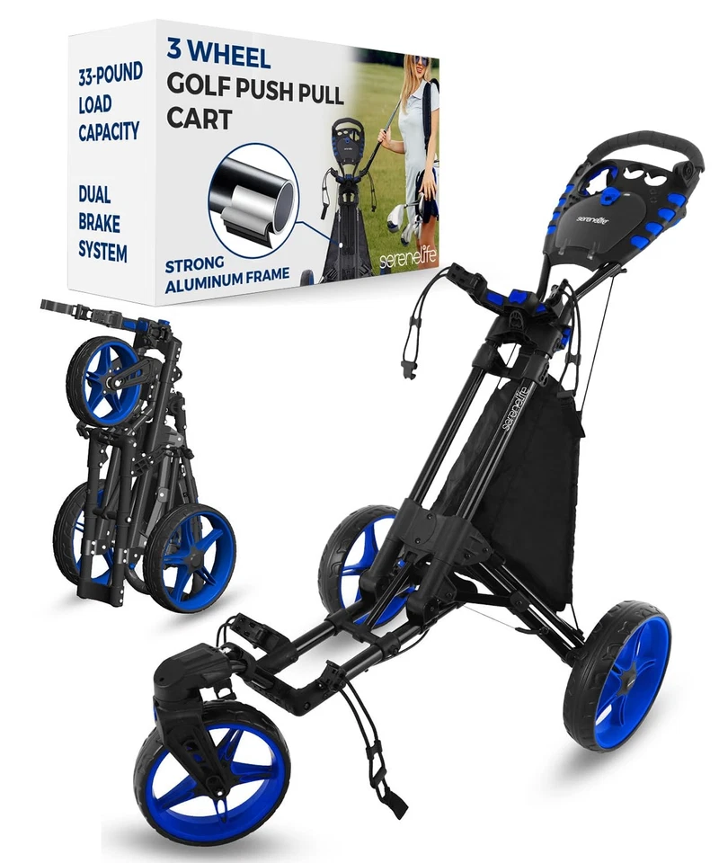 SereneLife 3 Wheel Golf Push Cart with Aluminum Frame 33 lbs Capacity Easy Fold - Image 1 of 4