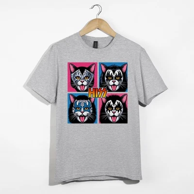 Divertida Camisa Gato HISS, Camiseta Gato Banda Glam Rock, Colorida Camiseta Arte Pop Gato Foto 1 de 2