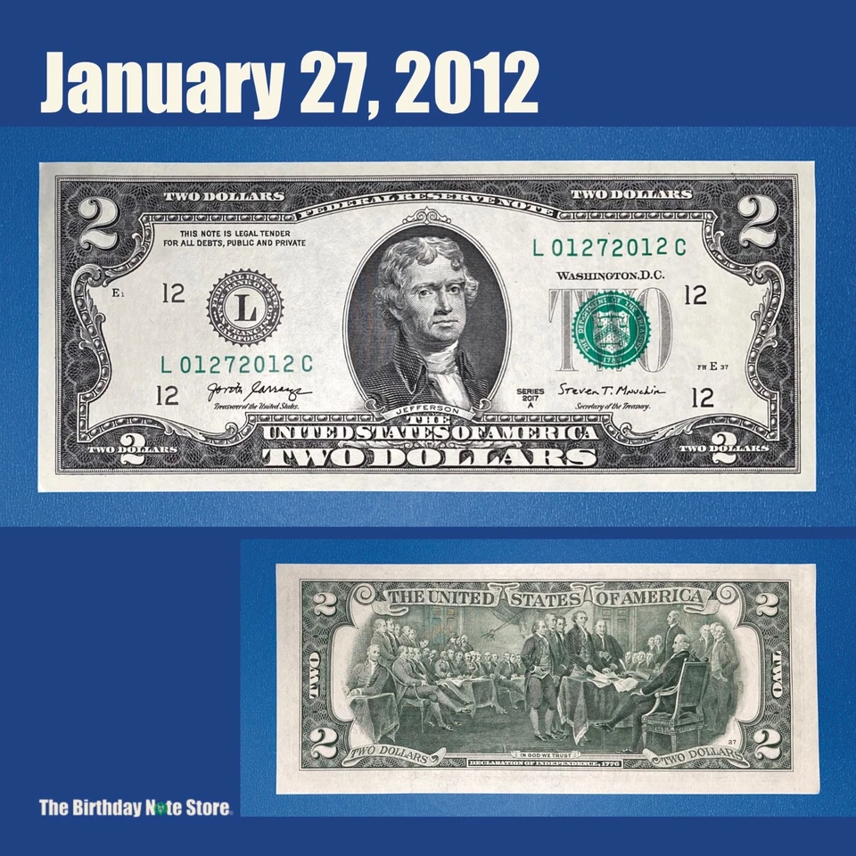 January 27, 2012 Birthday Anniversary $2 Two Dollar Bill Serial Number 01272012 - Image 1 of 2
