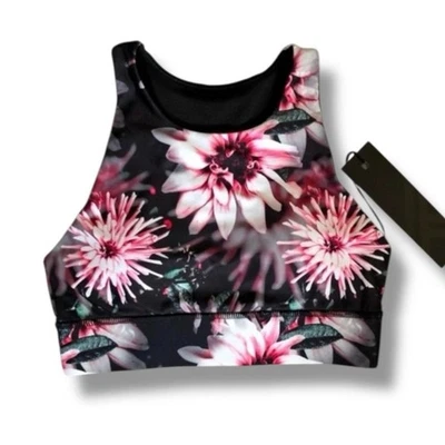Kyodan Sports Bra Women XS Black Pink Floral High Neck Cutout Activewear Yoga - Image 1 of 4