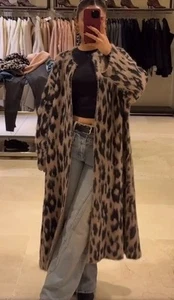 Zara Animal Jacquard Knit Long Coat Leopard Brown Black Size S 2142/183 New - Picture 1 of 12
