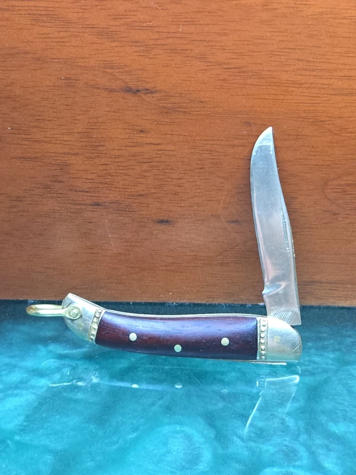 Mini cuchillo de bolsillo con llavero de latón y madera hoja dorada cuchillo plegable vintage🌟¡LIMPIO! Foto 1 de 4