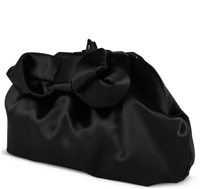Bolso sin asas Jewel Badgley Mischka Brielle negro satinado con lazo/cadena dorada nuevo con etiquetas Foto 1 de 4