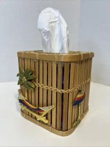 VTG 6" Bamboo Cane Wood Tissue Cube Box Cover Holder Tiki Tropical Beach - Picture 1 of 10