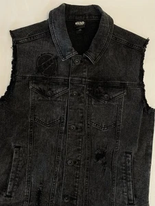 Gilet Denim CutOff XSOurUniverse StarWars Mandalorian Kyrbe Symbol Nero Distressed - Foto 1 di 13